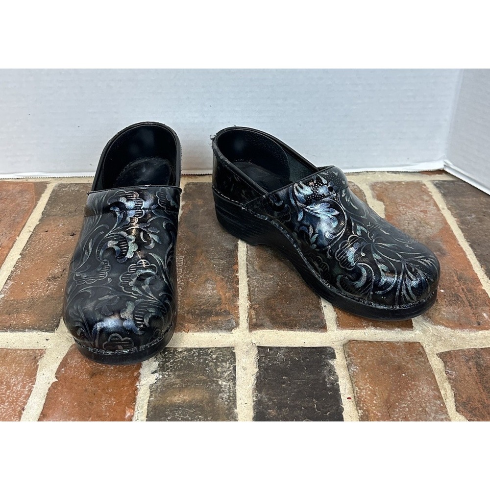 Dansko‎ Womens Black &Blue Metallic Floral Professional Clog Size 7.5 Leather